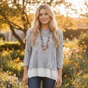 Loft M Women's Gray Spacedye Mixed Media Flowy Top Tunic Cottage Boho Casual